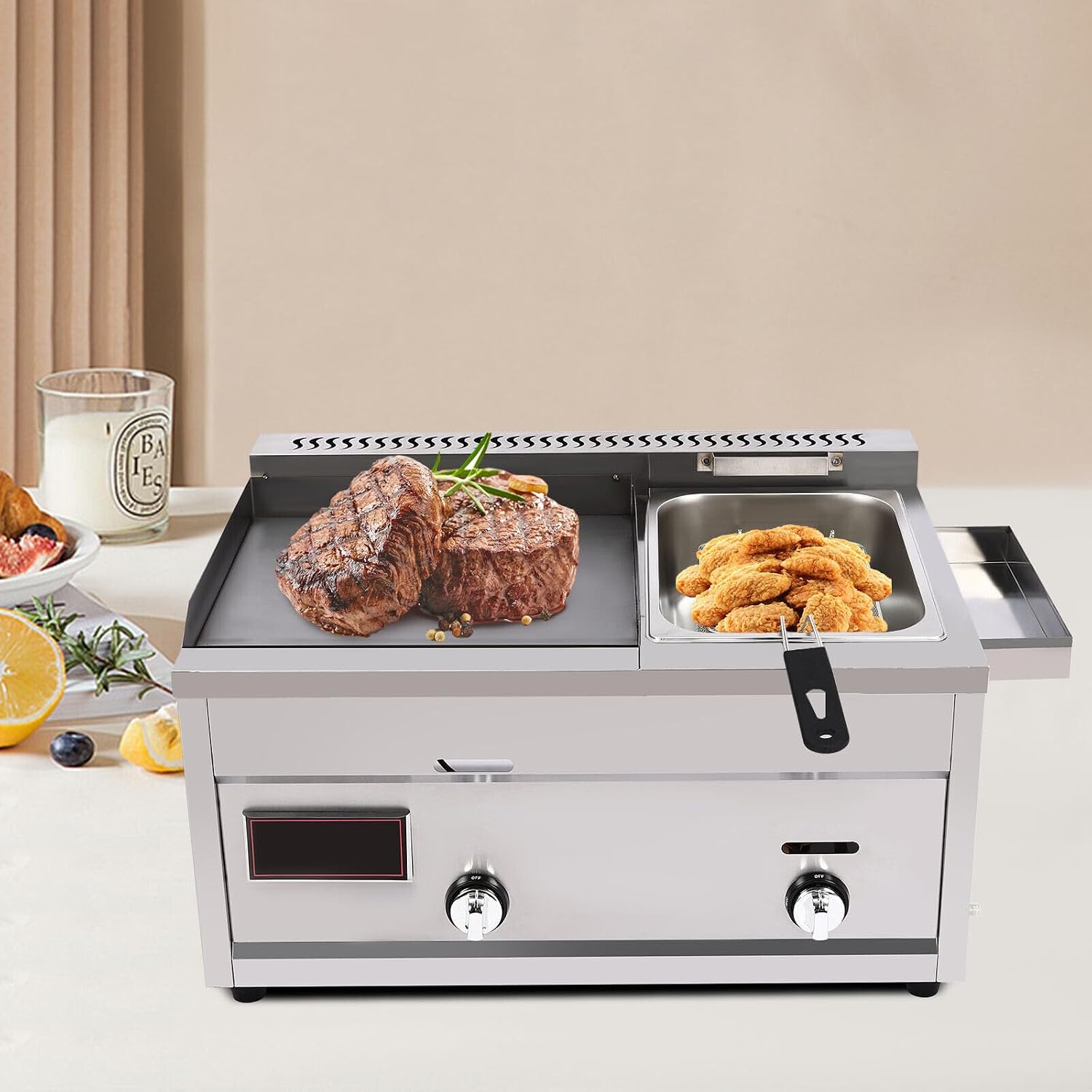 Griddle and Deep Fryer, Double Burner Gas Propane Tabletop Griddle and Deep Fryer Combo with Deep Fryer Multi-function Fast Heating&Cooling Down