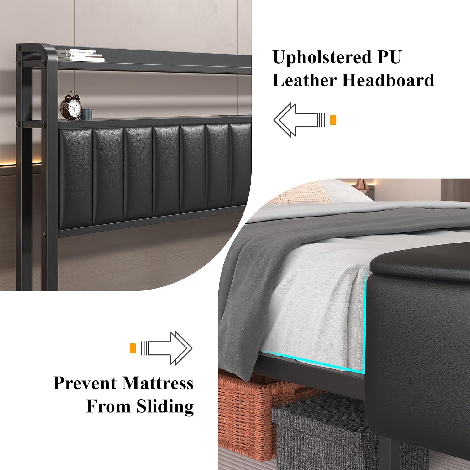 Queen Metal Bed with Star Projector & Charging Station, Upholstered Bed frame with PU Leather Headboard, Heavy Duty Beds with Storage Ottoman, Metal Support, Noise-Free, No Box Spring Needed, Black
