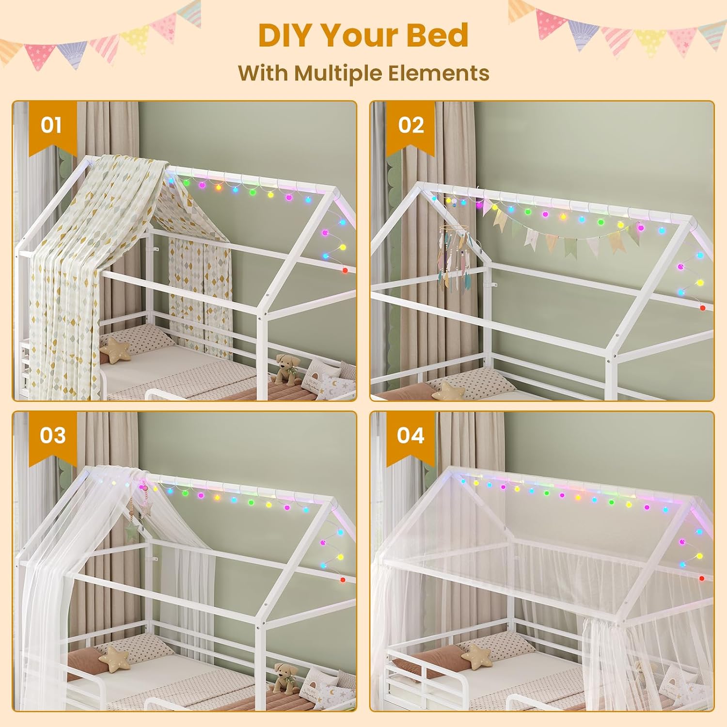 ADORNEVE Twin Size Bed Frame with 6 Drawers,House Bed with Globe String Lights Plug in,Metal Kids Bed with Safety Guardrail & Inclined Ladder,No Box Sping Needed,White
