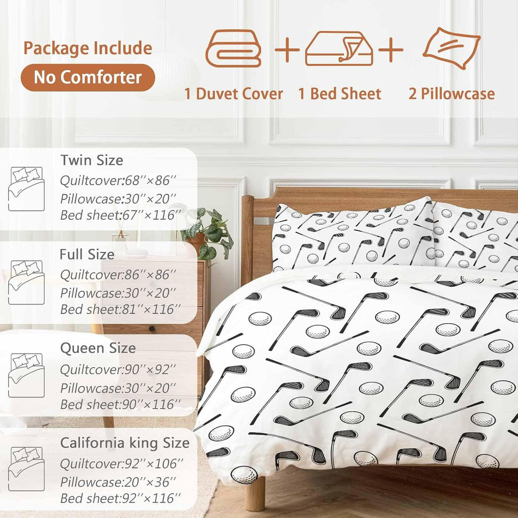 Golf Balls Duvet Cover Set Queen Size 4 Pieces Retro Sports Style Golf Poles Minimalist Modern Bedding Set with Zipper Closure, 1 Comforter Cover 86x86 Inches 1 Flat Sheet & 2 Pillow Cases