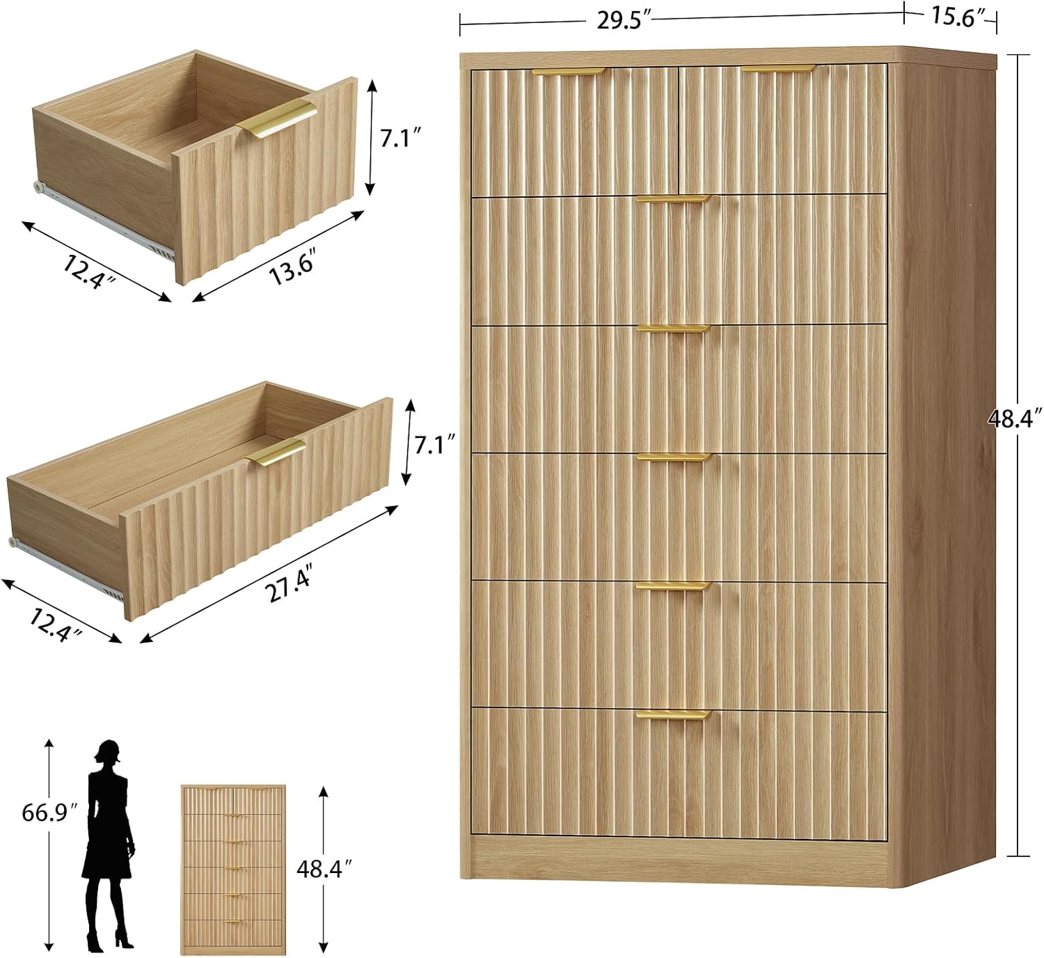 TEENFON 48' Tall Dresser for Bedroom with 7 Drawers, Dressers & Chests of Drawers with Metal Handle, Fluted Dresser, Wood Closet Clothes Storage Organizer for Bedroom, Hallway, Natural
