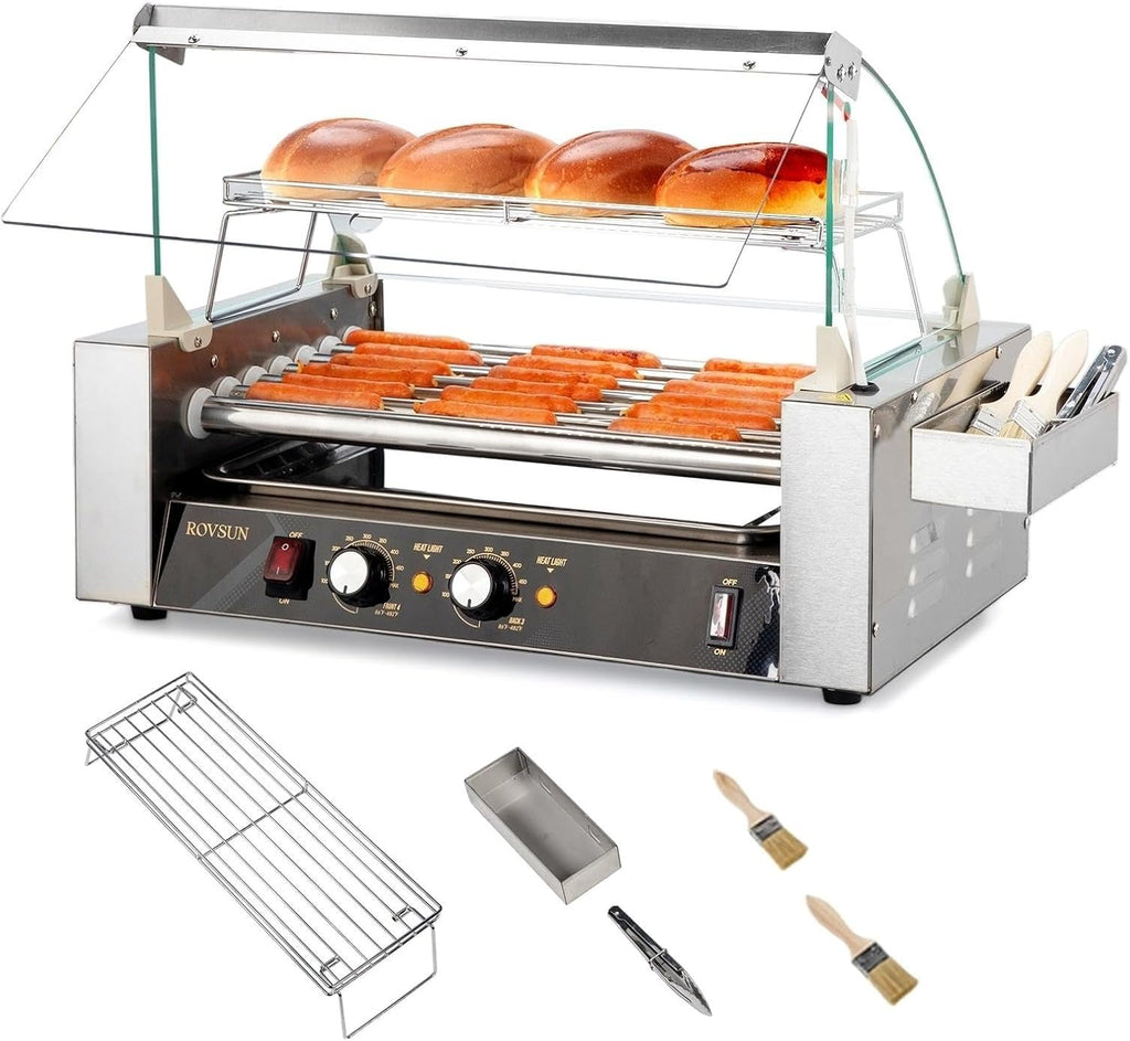 ROVSUN Hot Dog Roller, 18 Hot Dog 7 Rollers ETL Certified, Hot Dog Machine Sausage Grill Cooker with Dual Temp Control, Glass Cover, LED, Side Storage Box, Shelf & Drip Tray for Home Commercial 1050W