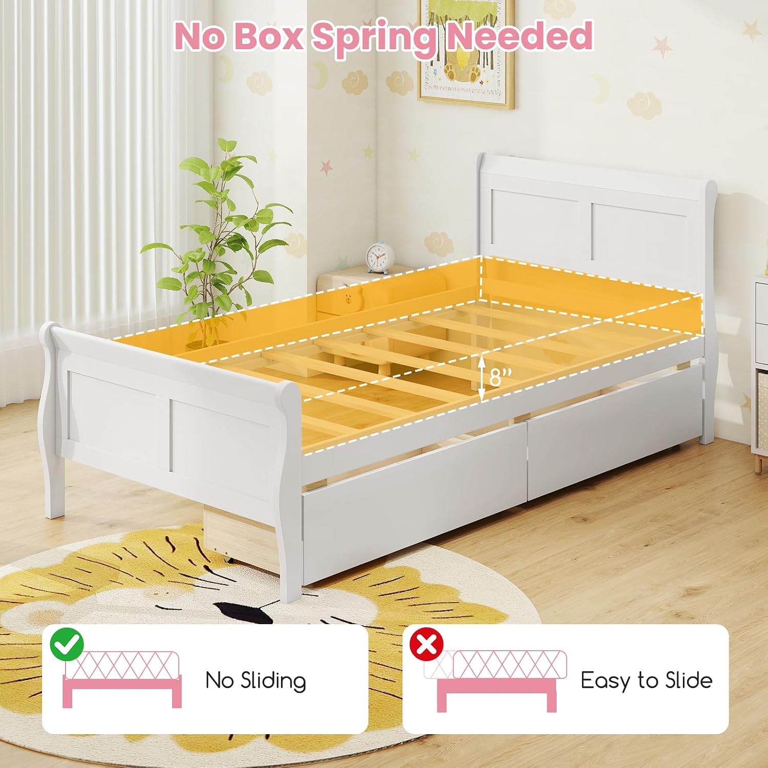 KOMFOTT Twin Bed with 2 Drawers, Twin Storage Bed with Headboard & Footboard, Sleigh Wood Bed Frame with Wooden Slats Support for Kids, Teens, Adults, No Box Spring Needed