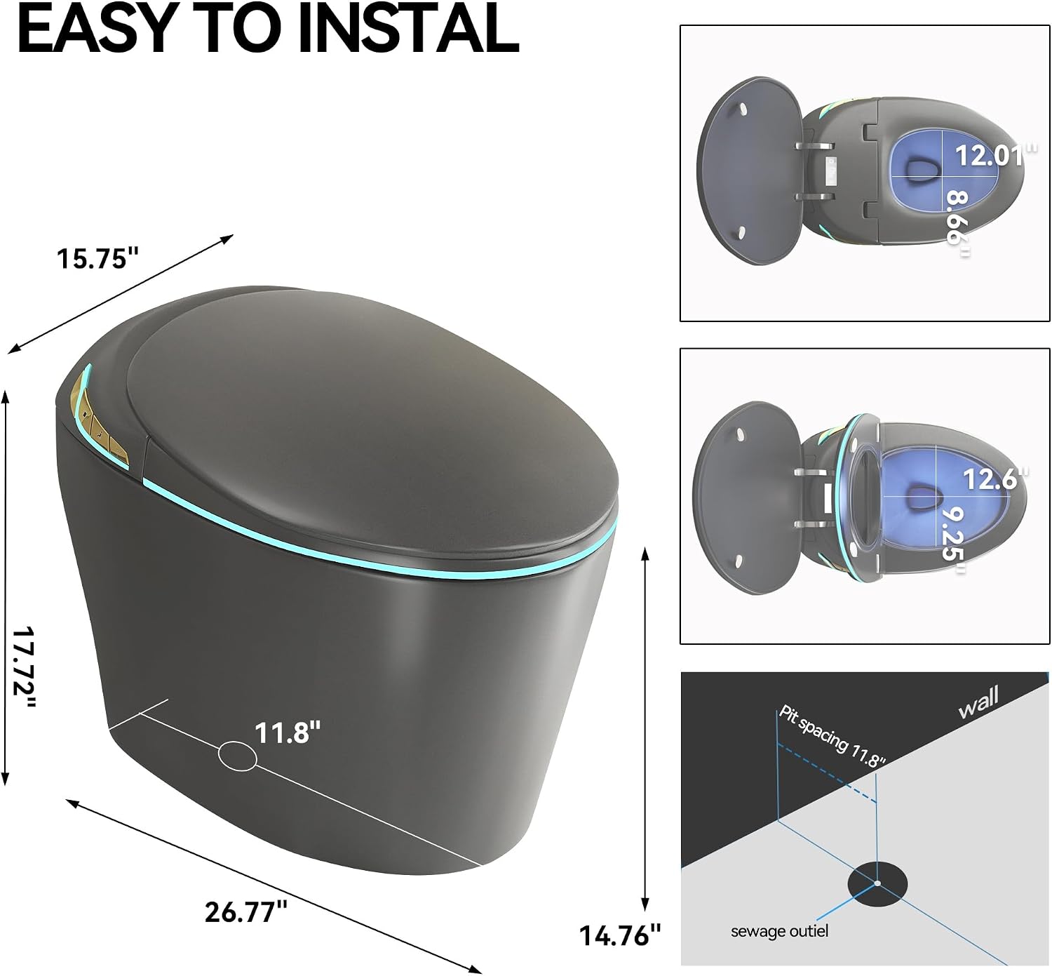 Smart Toilet, Electric Tankless Toilet with Bidet Built in & Dryer, Auto Open/Close, Instant Warm Water, Elongated Heated Seat, Auto Flush (Matte Grey, Oval Egg Shaped)