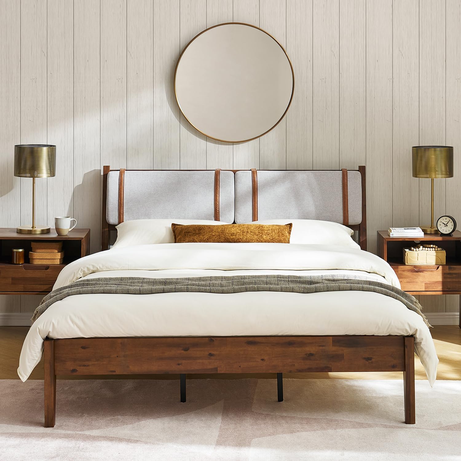 mopio Ted Bed Frame with Headboard, Mid Century Modern Acacia Solid Wood Platform Bed Frame, Wooden Slats, No Box Spring, Double Metal Bar Support (Solid Wood Upholstered, Queen (U.S. Standard))