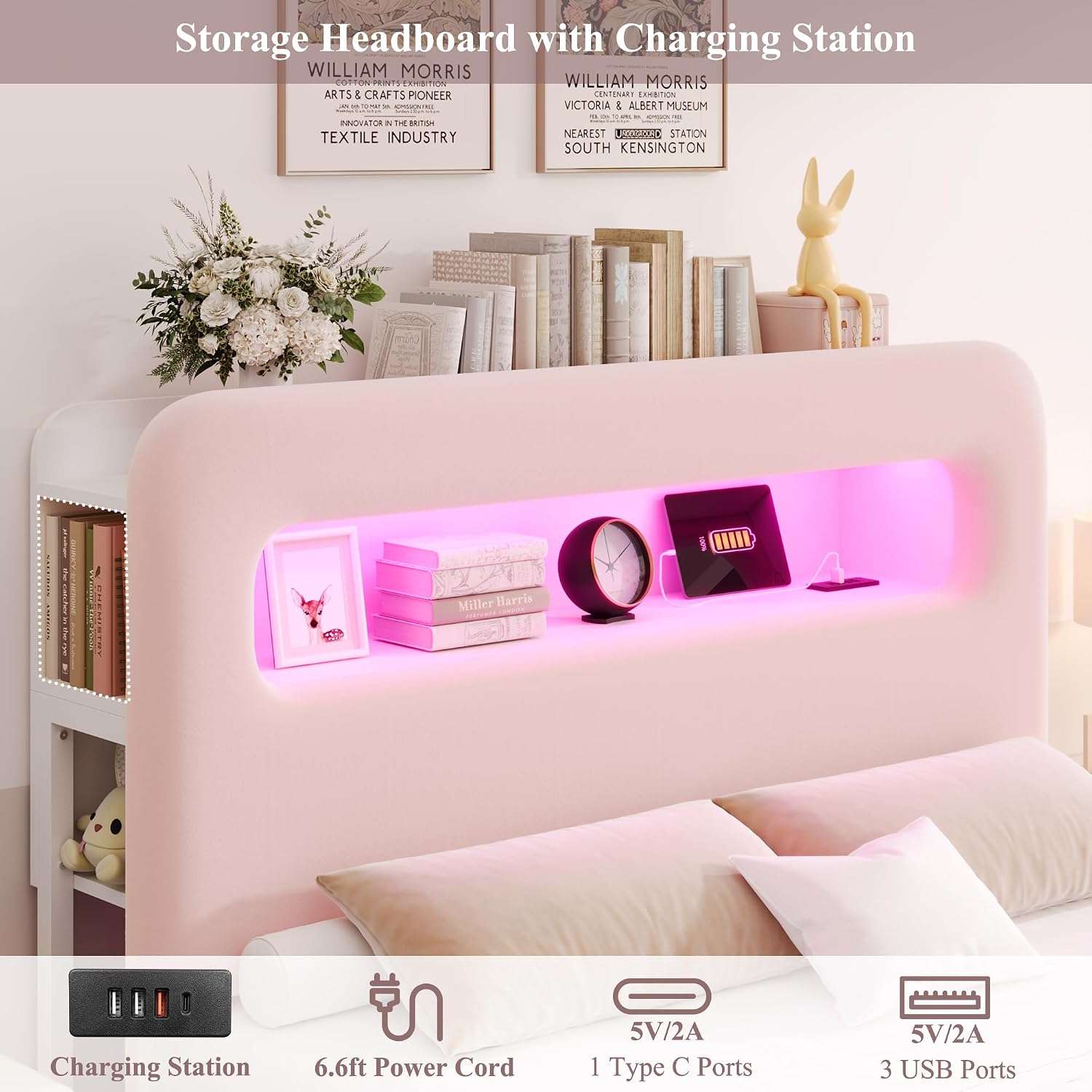 HOSTACK Full LED Bed Frame with Storage Headboard and Charging Station, Girls Bed Frame with 2 Drawers and USB Ports, Velvet Upholstered Platform Bed Frame with Bookcase, No Box Spring Needed, Pink