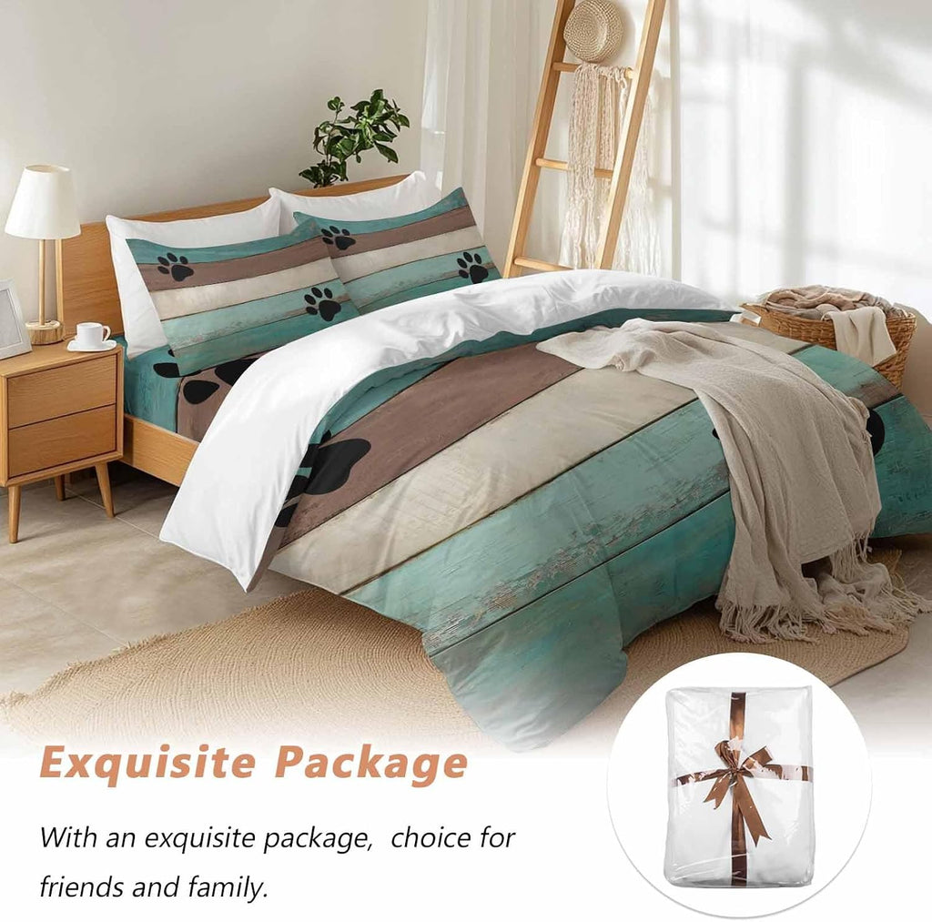 Farmhouse Duvet Cover Set Queen Size 4 Pieces Cute Animal Claws Vintage Green Brown Wood Grain Bedding Set with Zipper Closure, 1 Comforter Cover 92x106 Inches 1 Flat Sheet & 2 Pillow Cases