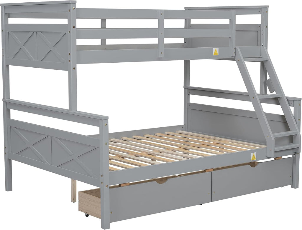 Merax Twin Over Full Bunk Bed with 2 Storage Drawers,Solid Wood Bunk Bed with Ladder and Safety Guardrail for Bedroom Kids Adults,Can be Separated into 2 Platform Beds,Gray
