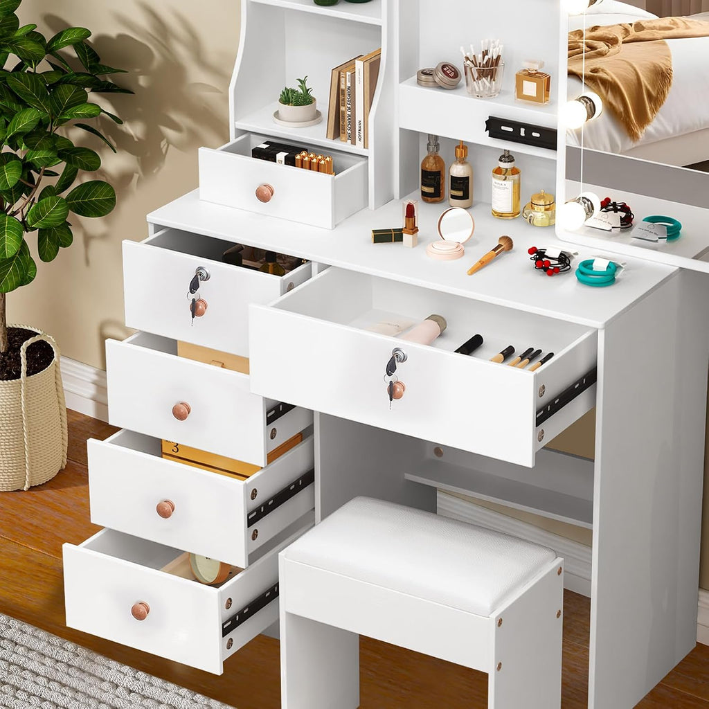 Makeup Vanity Desk with Mirror and Lights, Makeup Vanity Table and Chair Set, Makeup Desk with 6 Drawers & Storage Shelves, 3 Color Modes Adjustable, Vanity Set with Mirror, Dressing Table for Bedroom