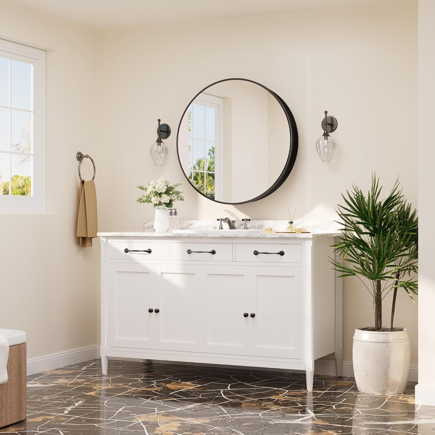 TETOTE 24 x 24 Inch Medicine Cabinet Mirror Black Framed Round Mirrored Medicine Cabinets for Bathroom Adjustable Shelves Modern Bathroom Mirror with Storage Wall Mounted