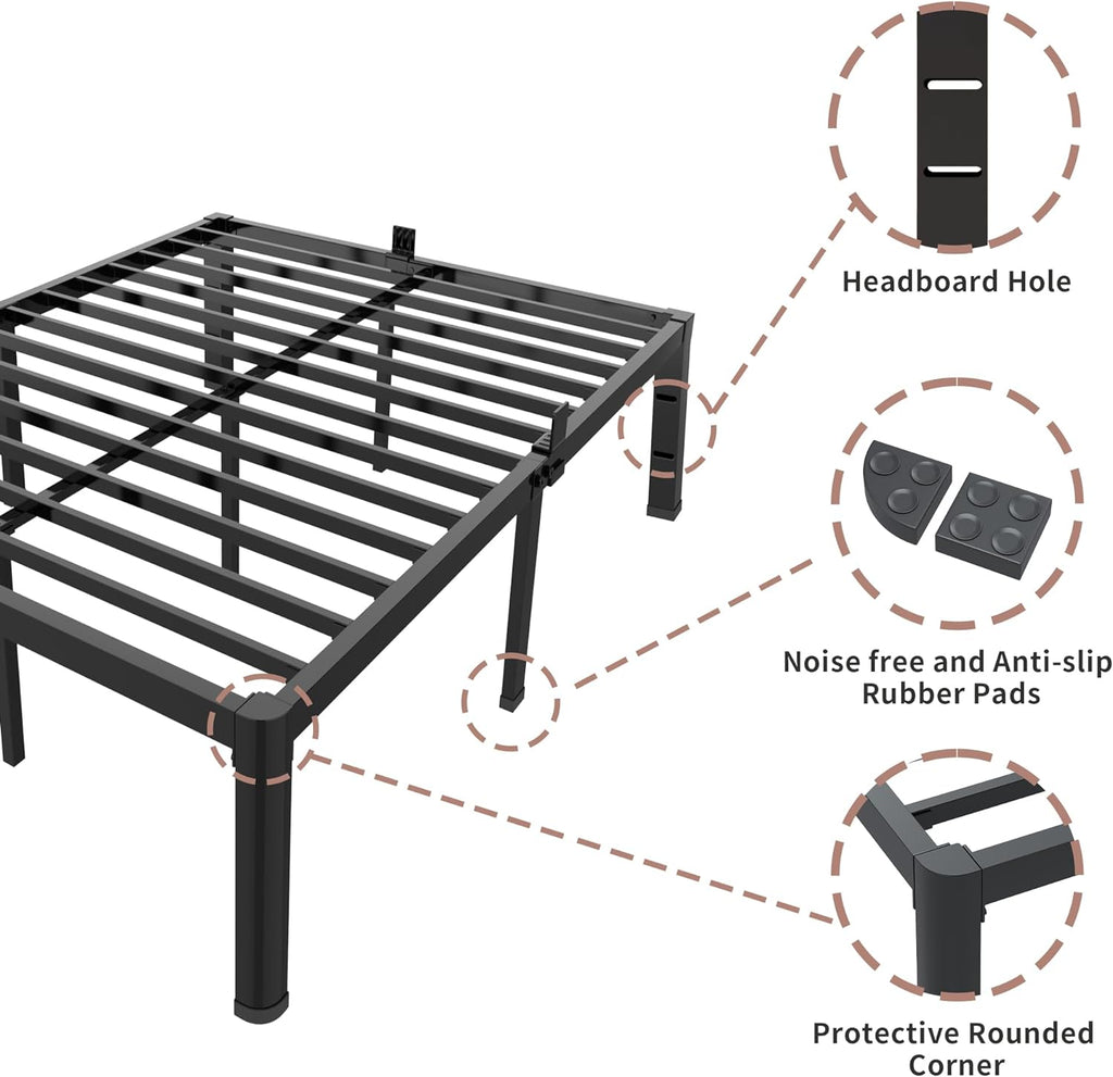 ROIL 14 inch California King Size Bed Frame Metal Platform No Box Spring Needed with Headboard Hole Round Corner Legs Mattress Retainers 3500LBS Heavy Duty Steel Slats Noise-Free Storage