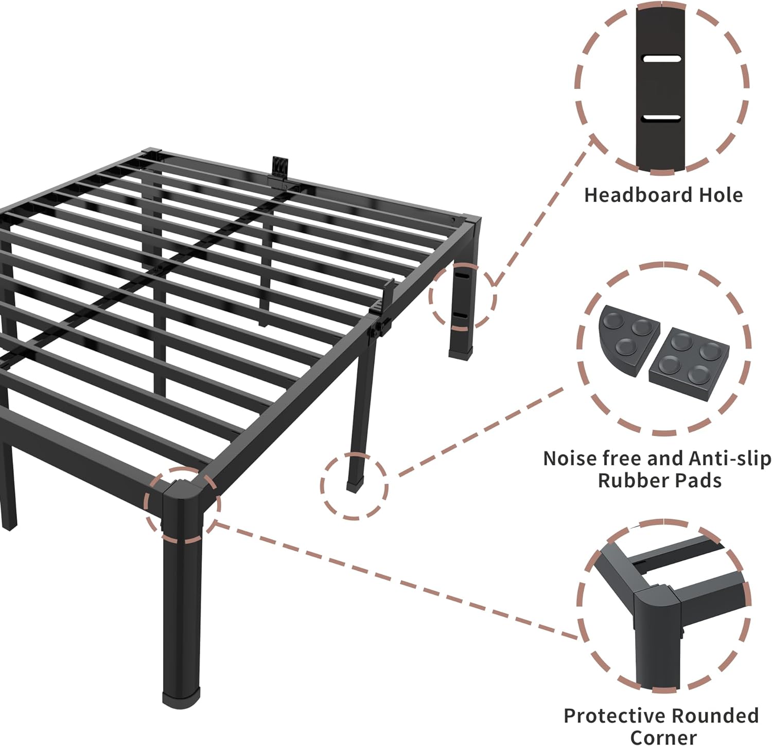 ROIL 14 inch California King Size Bed Frame Metal Platform No Box Spring Needed with Headboard Hole Round Corner Legs Mattress Retainers 3500LBS Heavy Duty Steel Slats Noise-Free Storage
