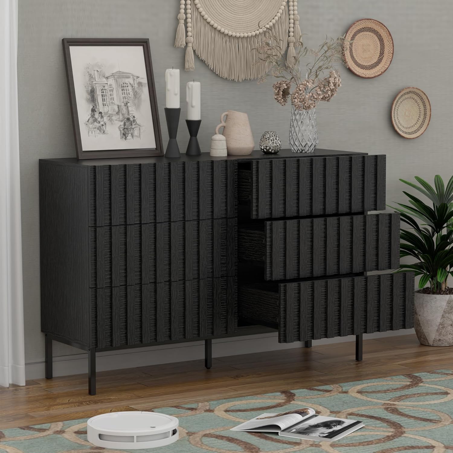 UEV 3 Piece Dresser and Nightstand Sets for Bedroom, 47' Wide 6 Drawer Dresser & Nightstand Set of 2, Mid Century Modern Fluted Wooden Dressers Set, Bedroom Furniture Set (Black)