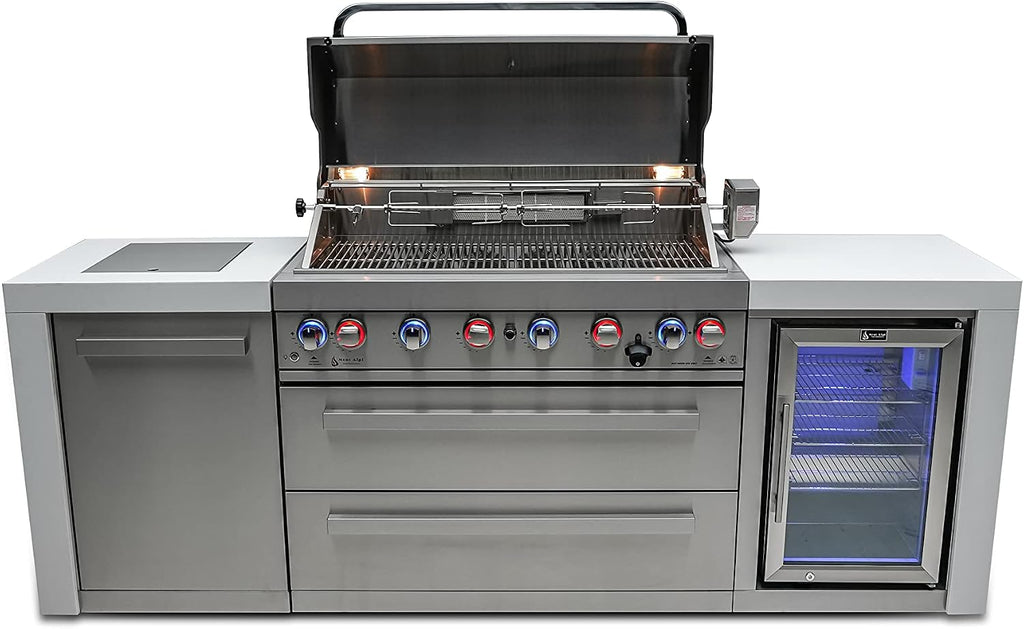 Mont Alpi Deluxe Series Stainless Steel 94'W x 23'D Modular Outdoor Kitchen Island + Side Burner + Refrigerator + 44'W 6-Burner BBQ Gas Grill + White Granite Countertops + Storage Cabinets & Drawers