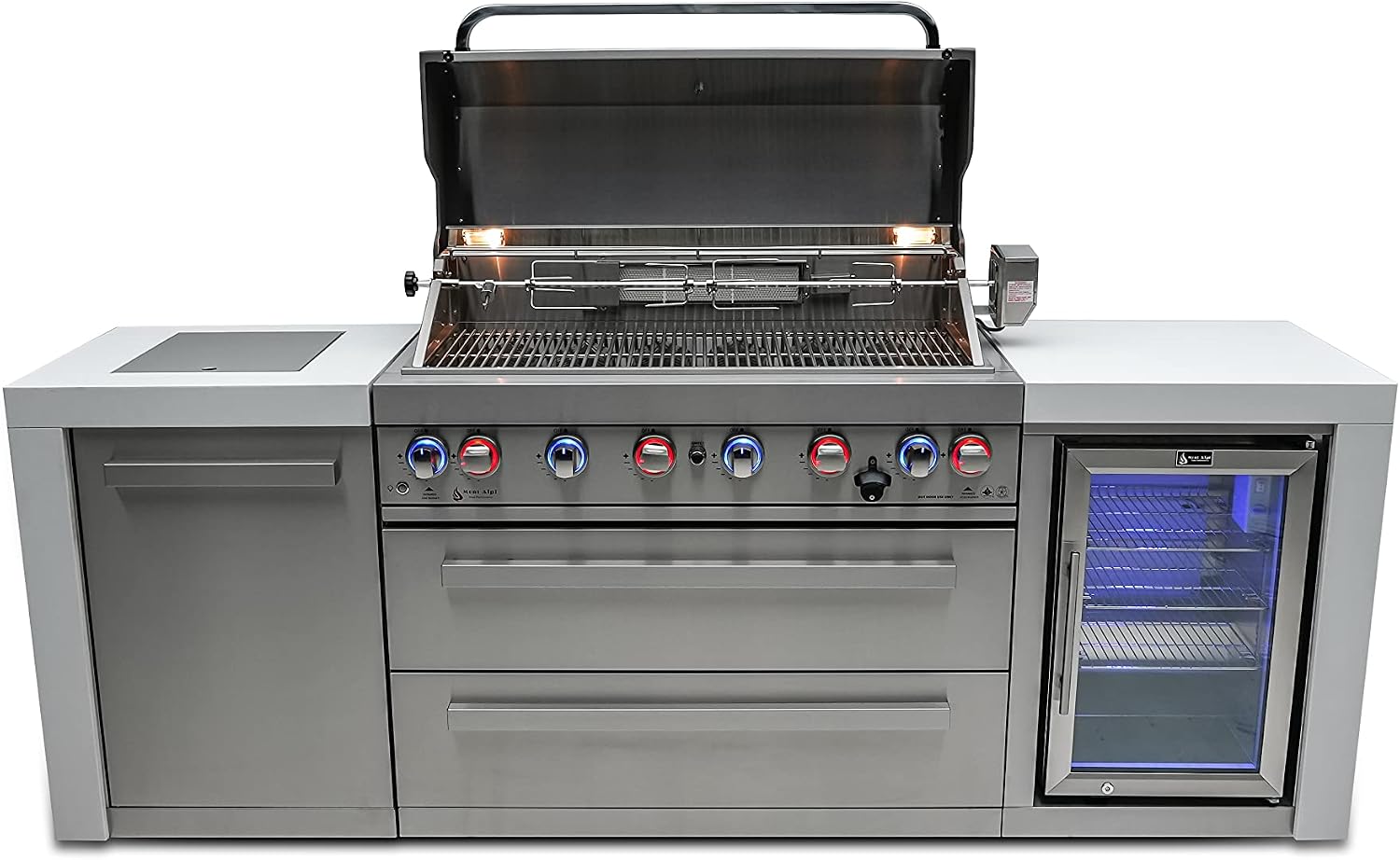 Mont Alpi Deluxe Series Stainless Steel 94'W x 23'D Modular Outdoor Kitchen Island + Side Burner + Refrigerator + 44'W 6-Burner BBQ Gas Grill + White Granite Countertops + Storage Cabinets & Drawers