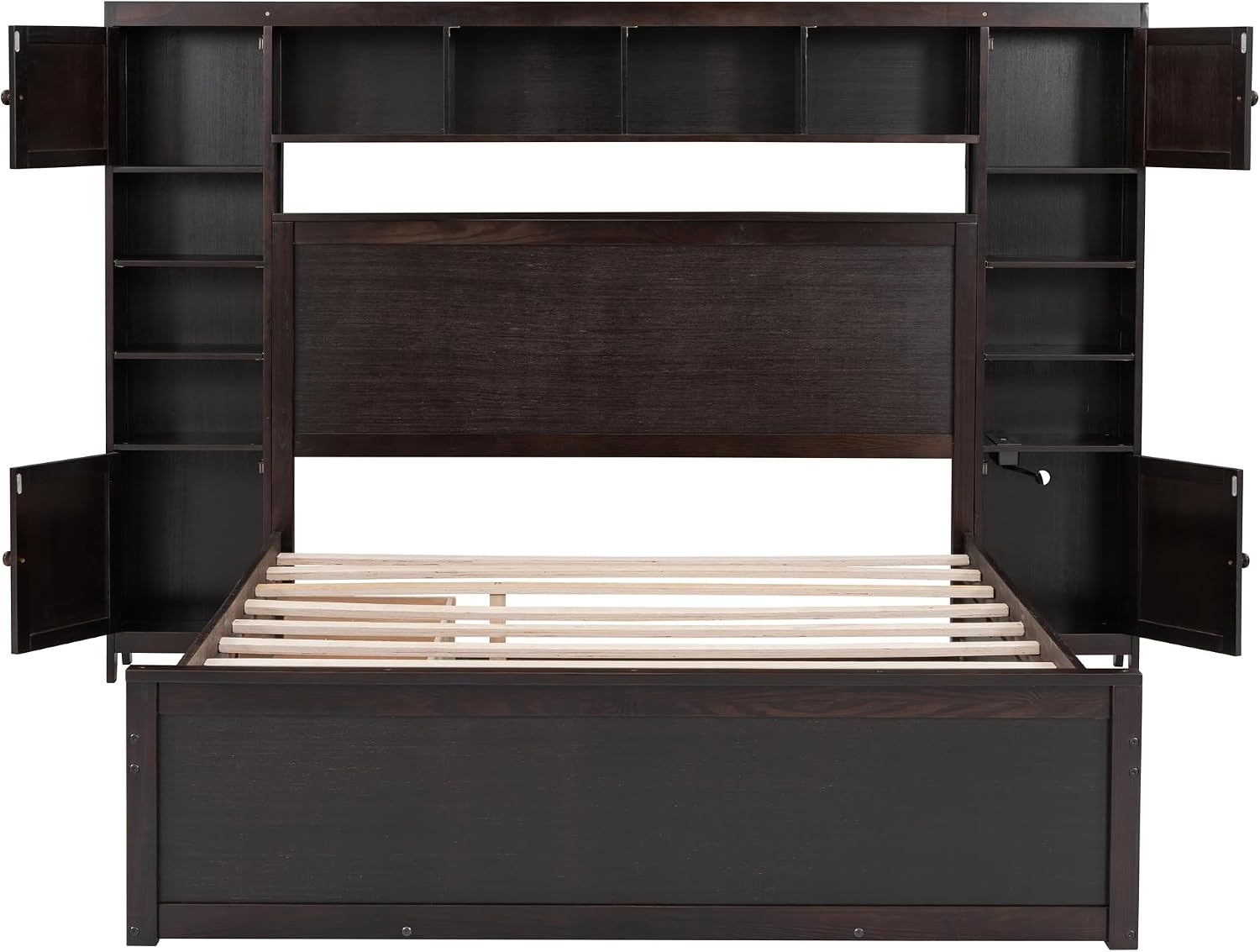 MERITLINE Queen Platform Bed with Storage Headboard,Trundle and Drawers,Solid Wood Queen Bed Frame with Charging Station and Storage for Adults(Espresso)