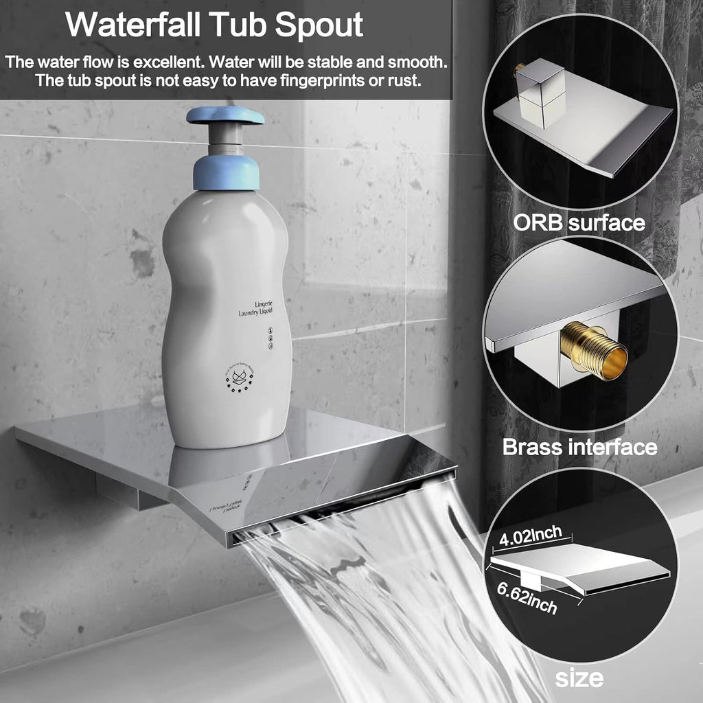 Rain Shower System 12 inch Shower Faucet Set with Tub Spout,Bathroom Wall Mounted Waterfall Shower Head Faucet Sets Complete with Handheld Spray,Rough-in Valve Body and Trim kit,Chrome Polished
