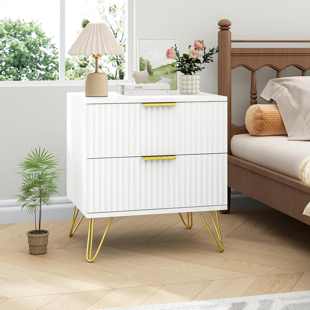 7 Drawer Dresser and Nightstand Sets for Bedroom, 3 Pcs Bedroom Set，Night Stand Set of 2 & 7 Drawer Dresser with Gold Handles, Modern Wood Chest of Drawers Storage Cabinet Set, White
