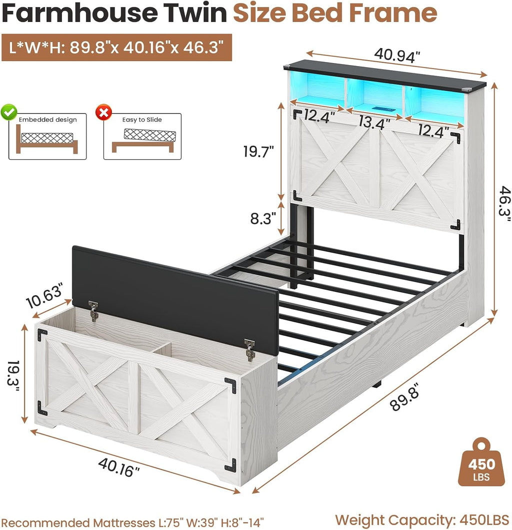 Hasuit Farmhouse Bed Frame Twin Size with Storage Headboard, Charging Station and LED Light, Wooden Twin Bed Frame with Storage Ottoman, Barn Door Design, No Box Spring Needed, No Noise (Walnut White)