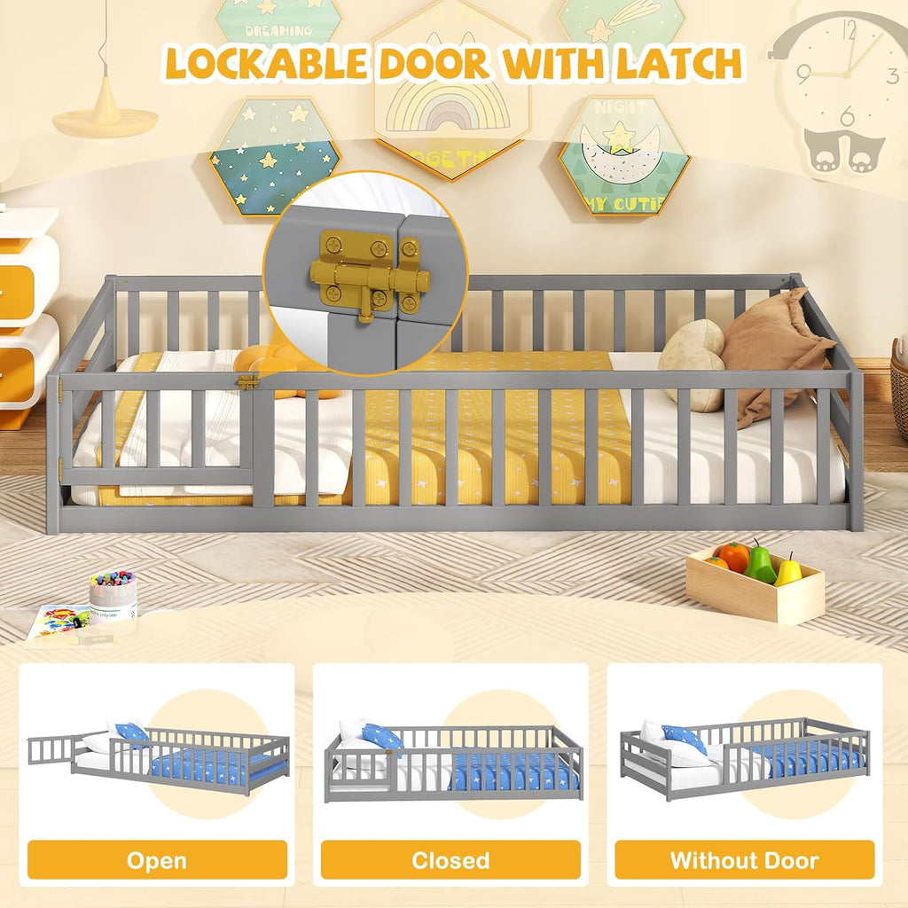 Giantex Twin Floor Bed with Fence for Kids, Wooden Montessori Bed Frame with Lockable Door & Guardrails, Low Floor Beds for Kids, Boys, Girls, No Box Spring Needed, Without Wood Slats, Grey