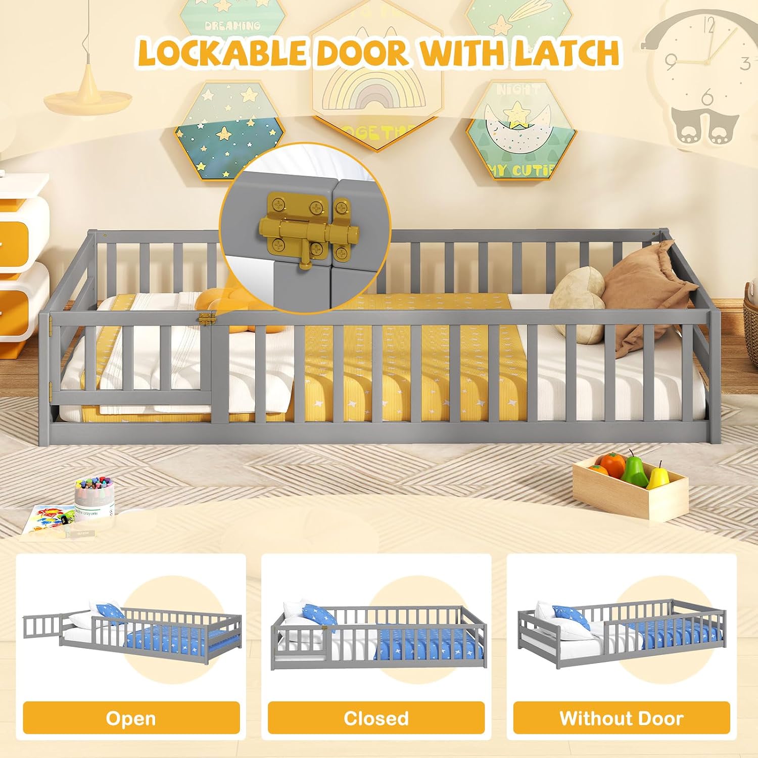 Giantex Twin Floor Bed with Fence for Kids, Wooden Montessori Bed Frame with Lockable Door & Guardrails, Low Floor Beds for Kids, Boys, Girls, No Box Spring Needed, Without Wood Slats, Grey