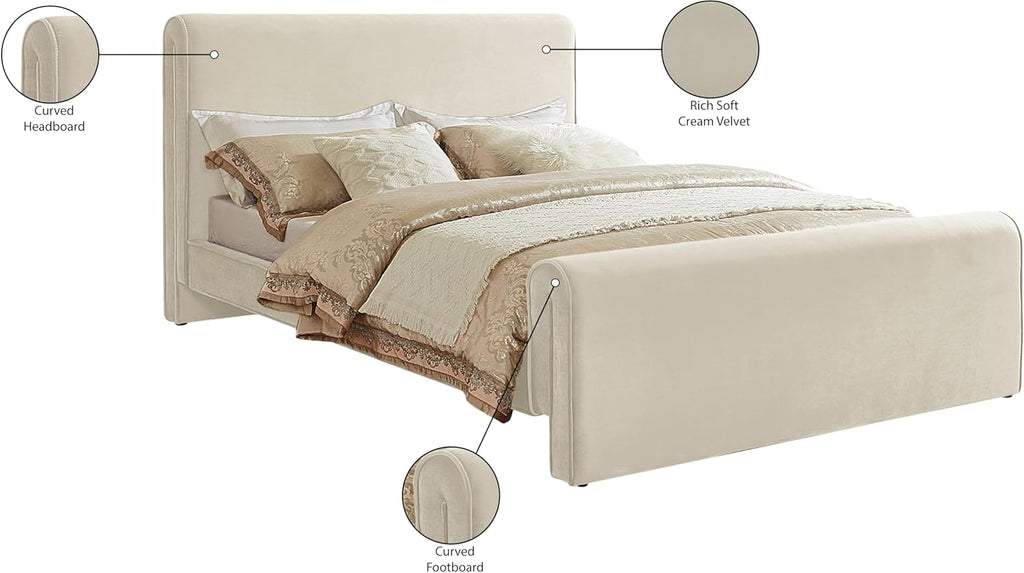 Meridian Furniture SloanCream-F Sloan Collection Modern | Contemporary Velvet Upholstered Full Bed with Rich Soft Cream Velvet, Curved Headboard and Footboard, 59.5' W x 92' D x 45' H, Cream, Full