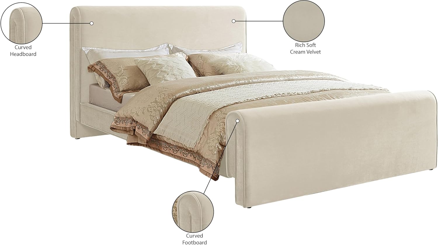 Meridian Furniture SloanCream-F Sloan Collection Modern | Contemporary Velvet Upholstered Full Bed with Rich Soft Cream Velvet, Curved Headboard and Footboard, 59.5' W x 92' D x 45' H, Cream, Full