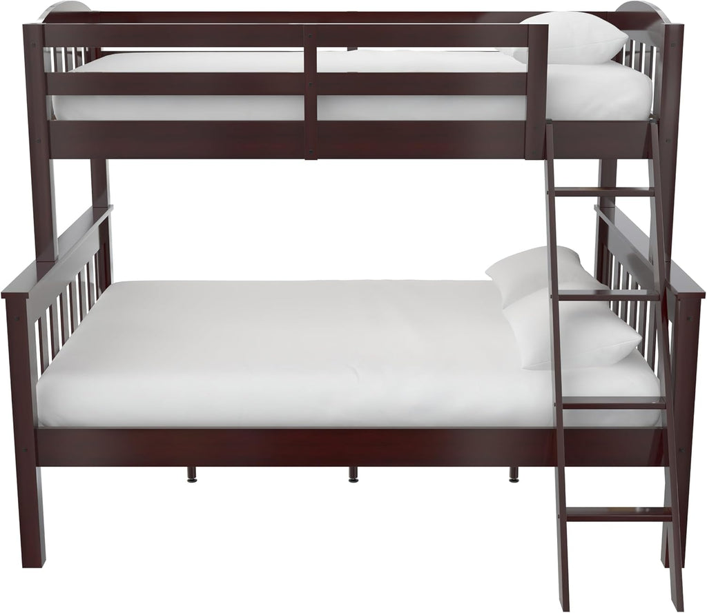 DHP Airlie Convertible Wood Bunk Bed Twin Over Full Size, Stackable and Detachable Bed Frames for Kids, Teens, Angled Ladder, High Guardrail, Wood Slats, No Boxspring Required, Espresso