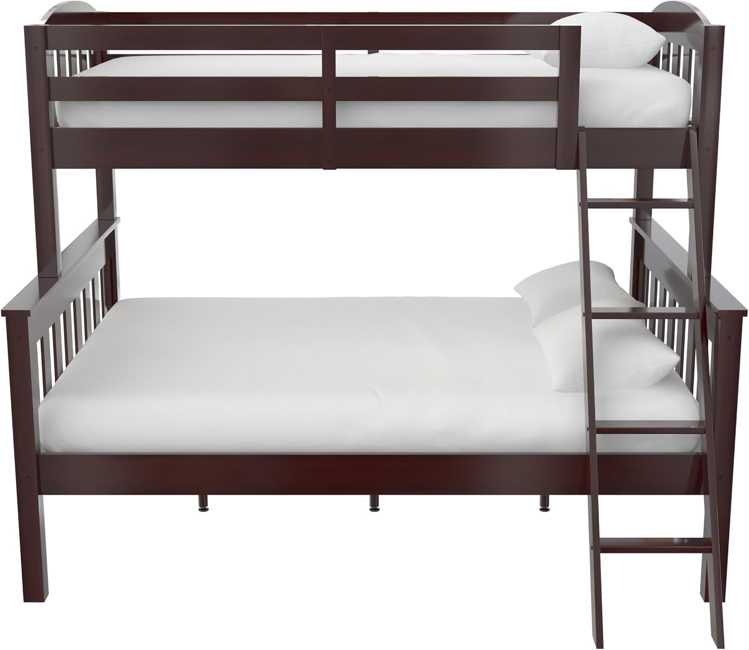 DHP Airlie Convertible Wood Bunk Bed Twin Over Full Size, Stackable and Detachable Bed Frames for Kids, Teens, Angled Ladder, High Guardrail, Wood Slats, No Boxspring Required, Espresso