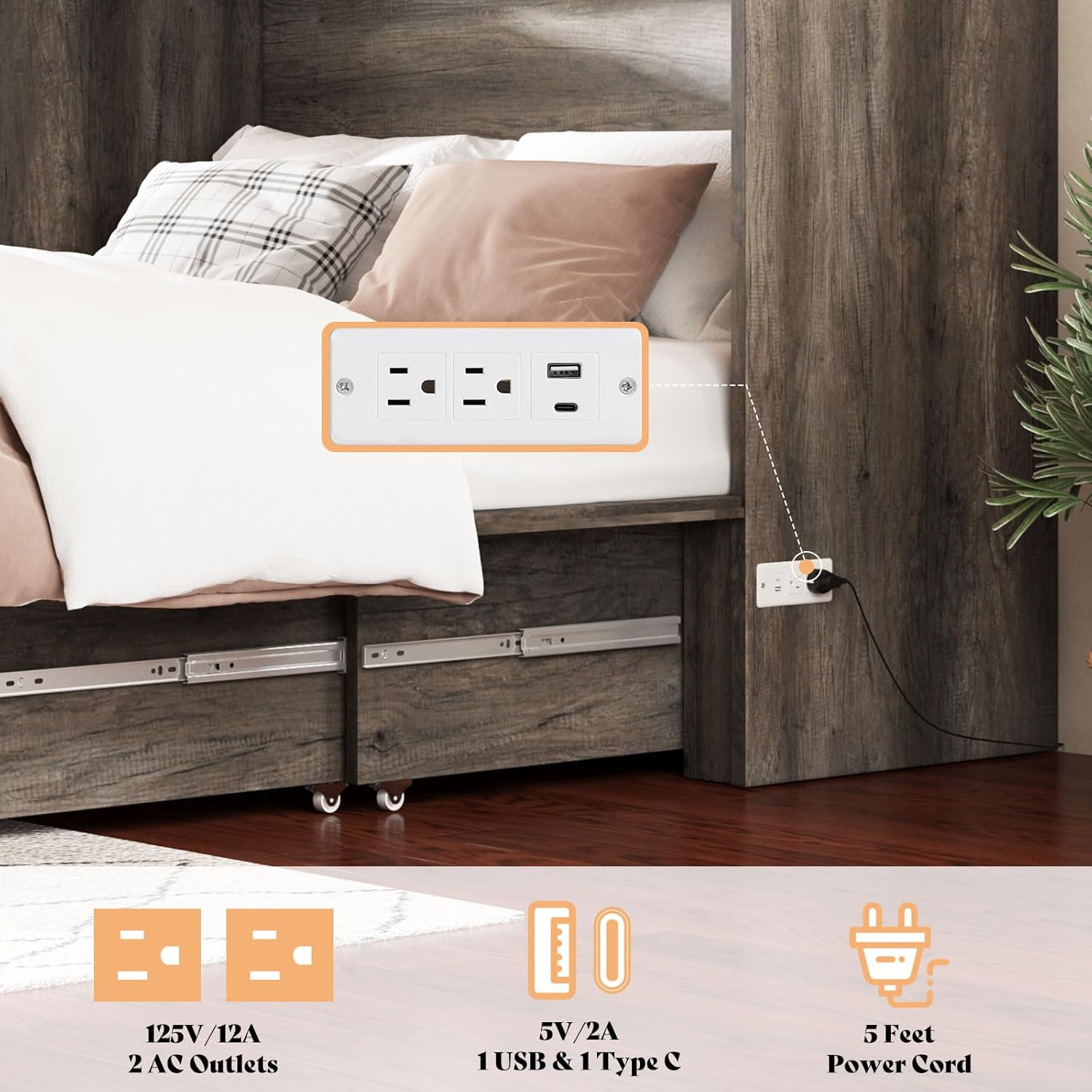 AMERLIFE Full Murphy Bed with Storage & Charging Station, Farmhouse Murphy Cabinet with Foldable Panel, Noisy Free, for Guest Bedroom, Living Room, Office, Rustic Grey