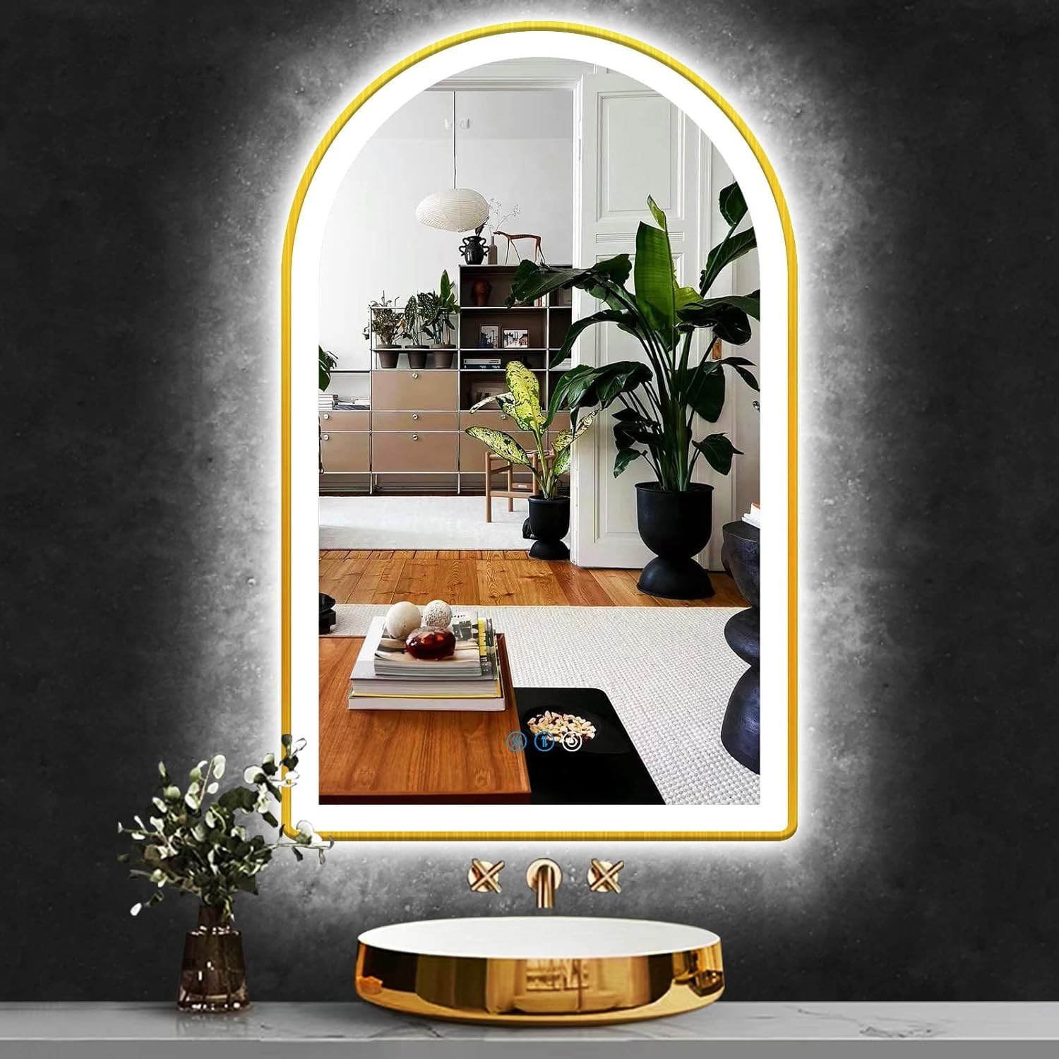 20x32 Inch Gold Bathroom Arch Vanity Mirror with Light Gold Frame Arch LED Mirror for Bathroom Wall Arched Lighted Mirror Anti Fog Dimmable 3Color 32' Gold Framed Arch Smart LED Light up Mirror
