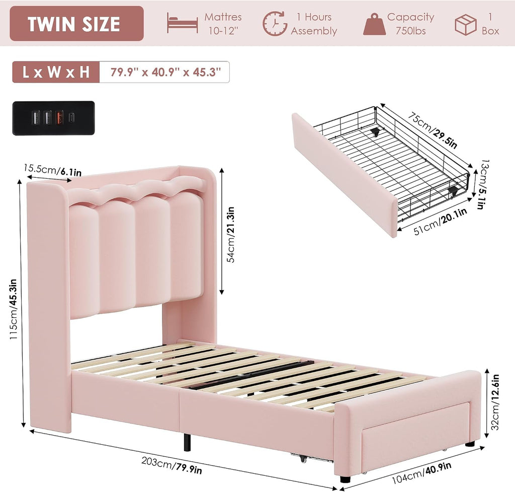 HIFIT 2 Set Upholstered Twin Size LED Bed Frame with Storage Drawer and Charging Station, Velvet Princess Twin Bed for Kids, Girls Bed with Double Wavy Wingback Headboard and Solid Frame, Pink