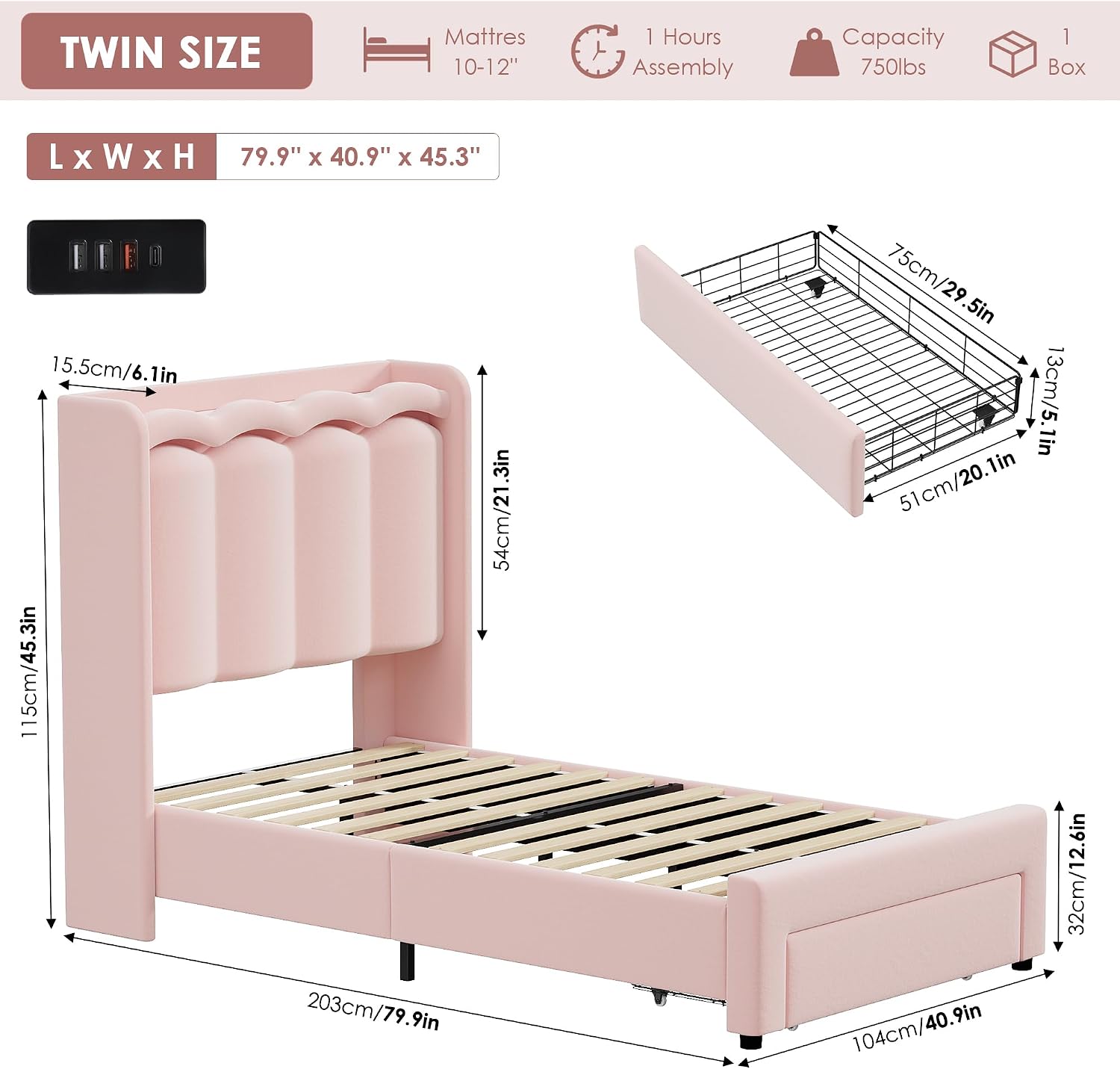 HIFIT 2 Set Upholstered Twin Size LED Bed Frame with Storage Drawer and Charging Station, Velvet Princess Twin Bed for Kids, Girls Bed with Double Wavy Wingback Headboard and Solid Frame, Pink