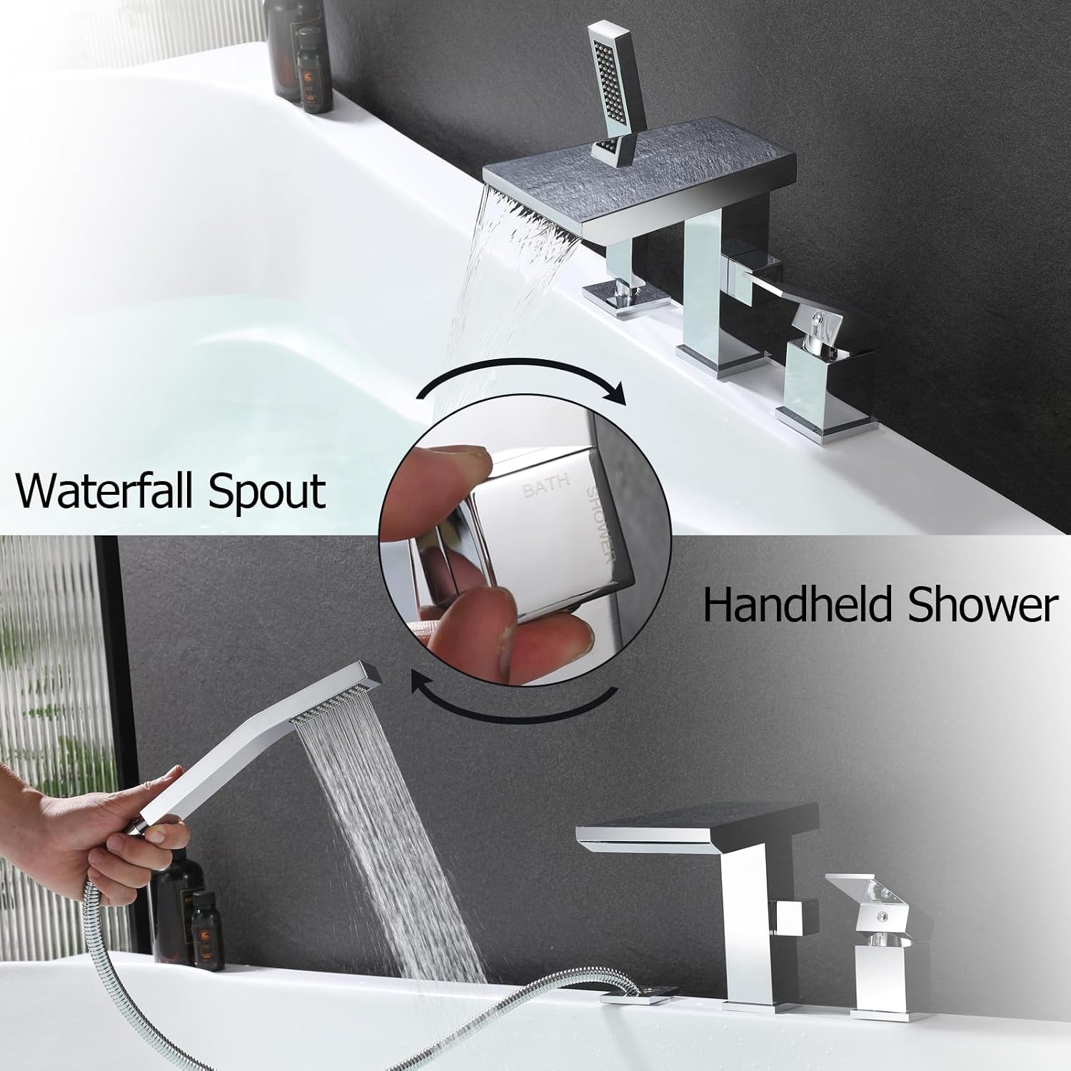 Waterfall Roman Tub Faucet with Hand Shower, Deck Mount Tub Filler Bathtub Faucet with Sprayer, Brass Widespread 3 Hole Bathtub Shower Faucet Set, Chrome