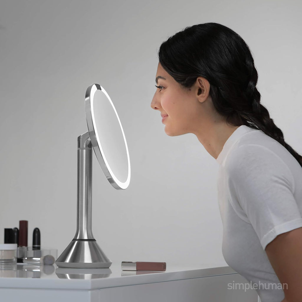 simplehuman 8' Round Sensor Makeup Mirror with Touch-Control Dual Light Settings, 5x Magnification, Rechargeable and Cordless, Brushed Stainless Steel