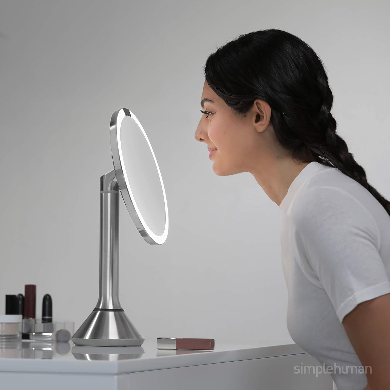 simplehuman 8' Round Sensor Makeup Mirror with Touch-Control Dual Light Settings, 5x Magnification, Rechargeable and Cordless, Brushed Stainless Steel