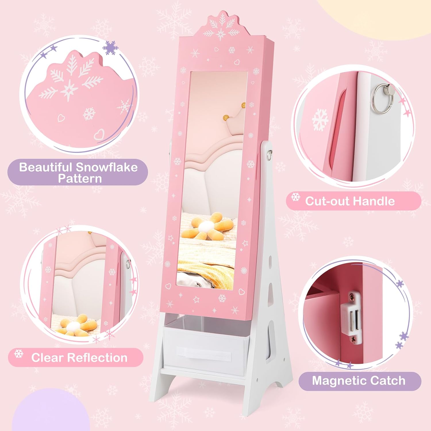 Costzon Kids Vanity & Jewelry Armoire Cabinet, Kids Vanity Table and Chair Set, Standing Jewelry Organizer with Full-Length Mirror, Kids Bedroom Furniture Set for Girls, Snowflake Print (Pink)