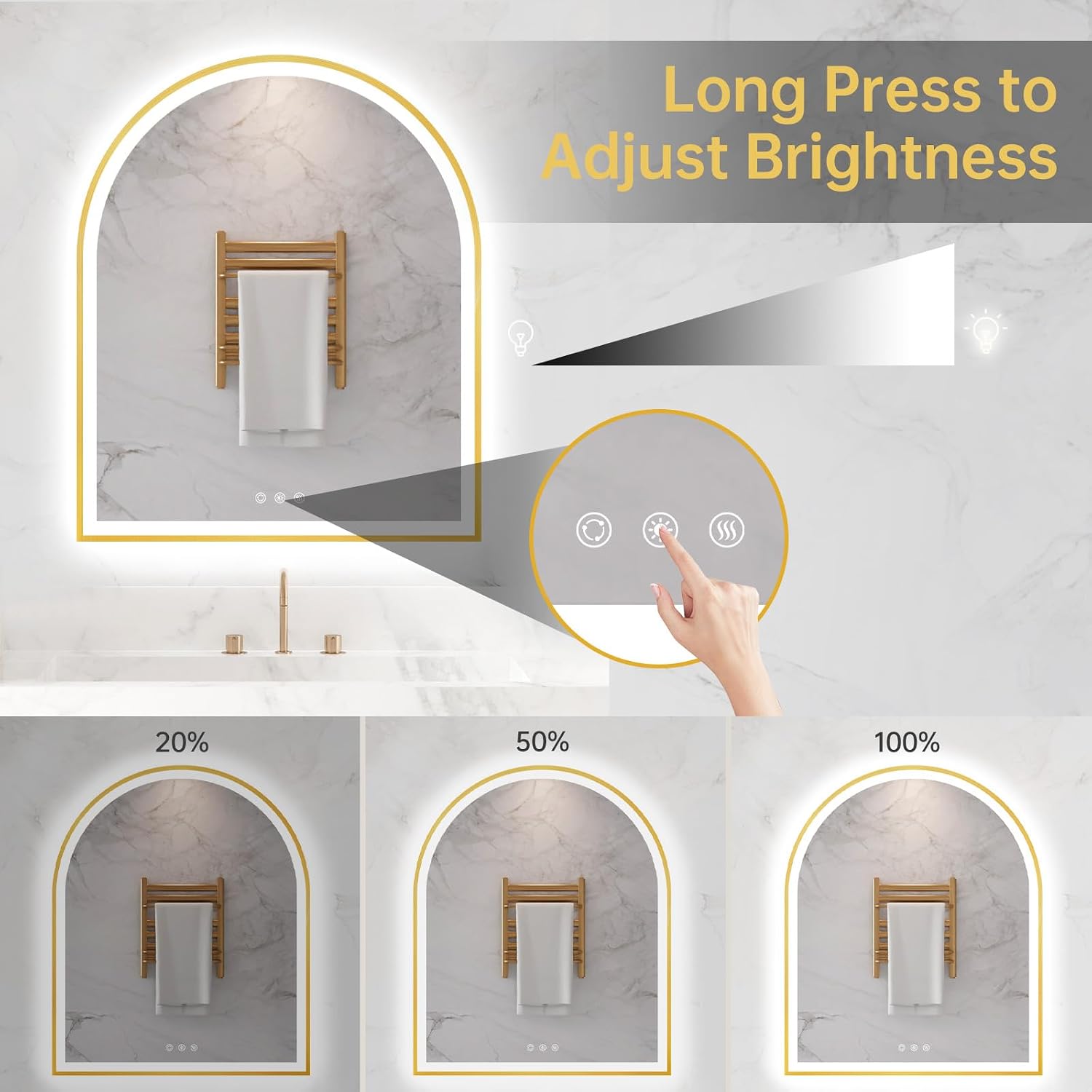30'x36' Arched LED Mirror for Bathroom, Brushed Gold Lighted Bathroom Mirror with Lights, Fogless, Dimmable, Shatterproof, Touch Sensor, 3 Color Changing