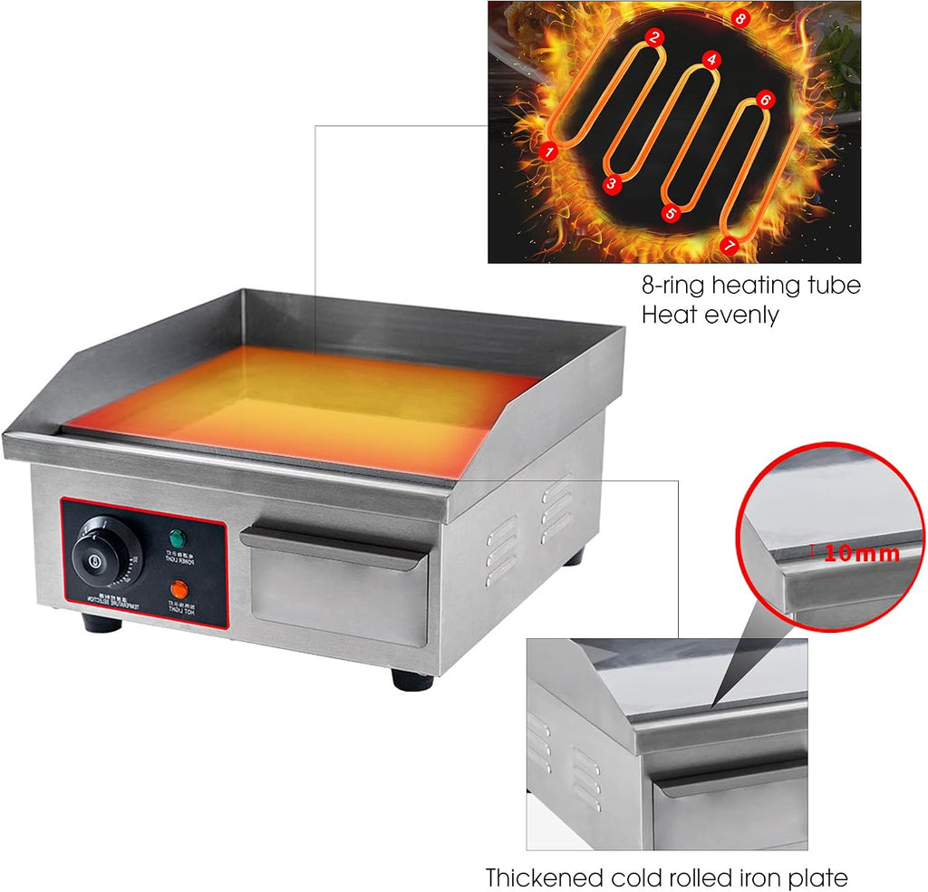 Commercial Electric Countertop, Electric Griddle Grill Nonstick Tabletop Hot Flat Griddle Home BBQ Flat Top with Adjustable Thermostatic Control Stainless Steel Restaurant Grill