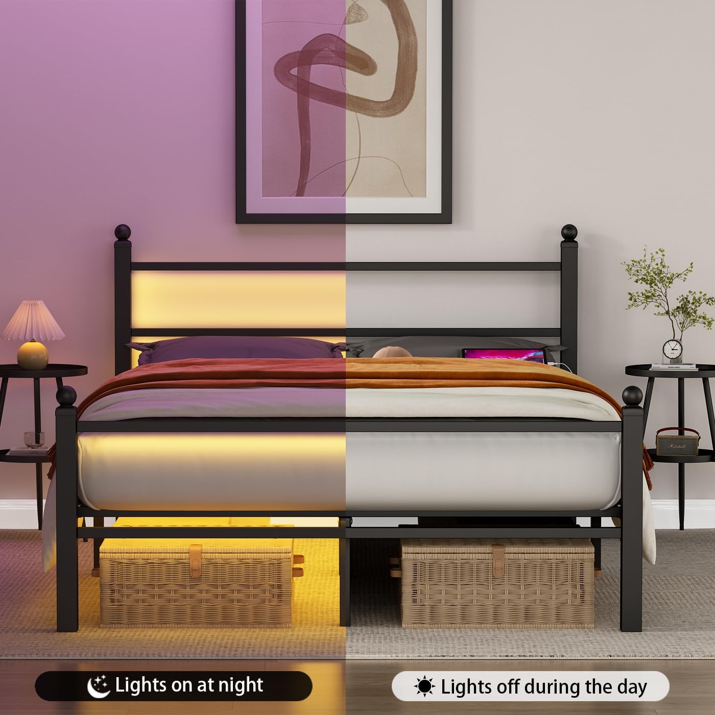 Full Size Bed Frame with Headboard and Footboard,Black Metal Platform Bed Frames with LED Lights and USB Charging Station,Heavy Duty Metal Slats,No Box Spring Needed,Sturdy&Noise Free