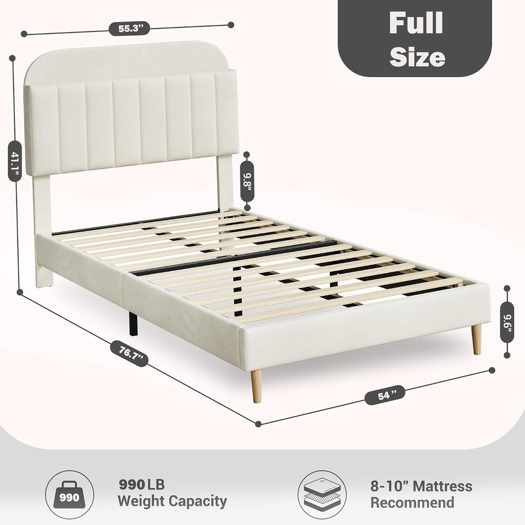 GarveeHome Full Bed Frame with Storage Headboard, Velvet Upholstered Platform Bedframe for Kids, Girl Bed, Strong Wooden Slats, Noise-Free, Easy Assembly, No Box Spring Needed, Beige
