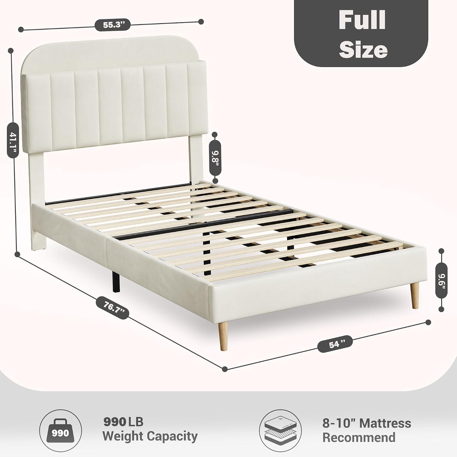 GarveeHome Full Bed Frame with Storage Headboard, Velvet Upholstered Platform Bedframe for Kids, Girl Bed, Strong Wooden Slats, Noise-Free, Easy Assembly, No Box Spring Needed, Beige