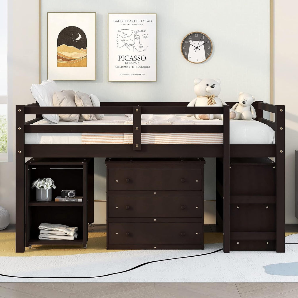 Bellemave Low Loft Bed with Desk and Dresser Full Size, Wood Kids Loft Beds Frame with Cabinet & Storage Shelves & Rolling Portable Desk for Juniors, Teen, Boys, Girls, Espresso