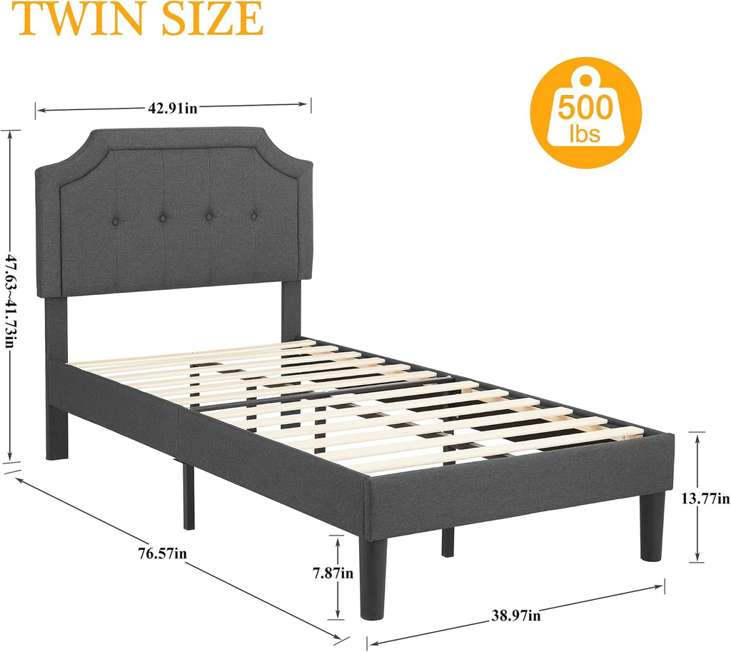 VECELO Twin Size Platform Bed Frame with Fabric Upholstered Headboard and Wooden Slats Support, No Box Spring Needed/Easy Assembly,Grey
