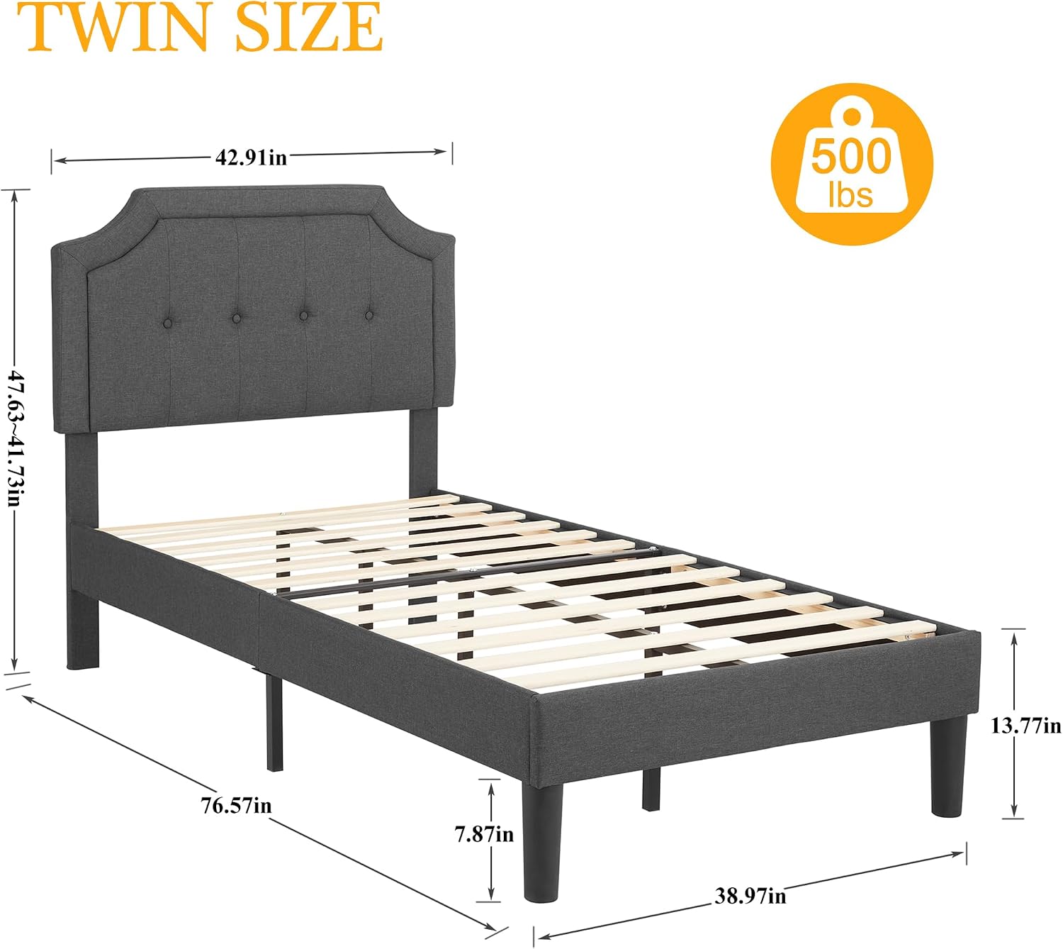 VECELO Twin Size Platform Bed Frame with Fabric Upholstered Headboard and Wooden Slats Support, No Box Spring Needed/Easy Assembly,Grey