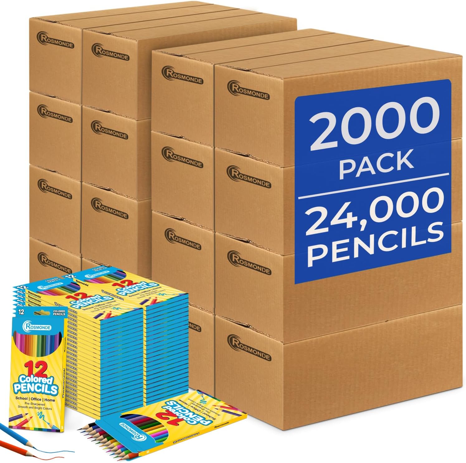 Rosmonde 2000 Pack Colored Pencils Bulk Set (24000 Pencils), 12 Vibrant Pre Sharpened Colors Set, Easy Grip, Easy Use, Bulk Art Supply for Schools, Teachers, Craft Rooms & Classroom Stocking