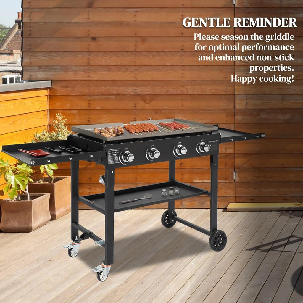 Foldable Flat Top Grill, Portable Outdoor Propane Griddle with 2 Foldable Shelves, 30000/45000/60000 BTU Gas Grill Griddle Cooking Station for BBQ & Outdoor Cooking, Black(4 Burner)