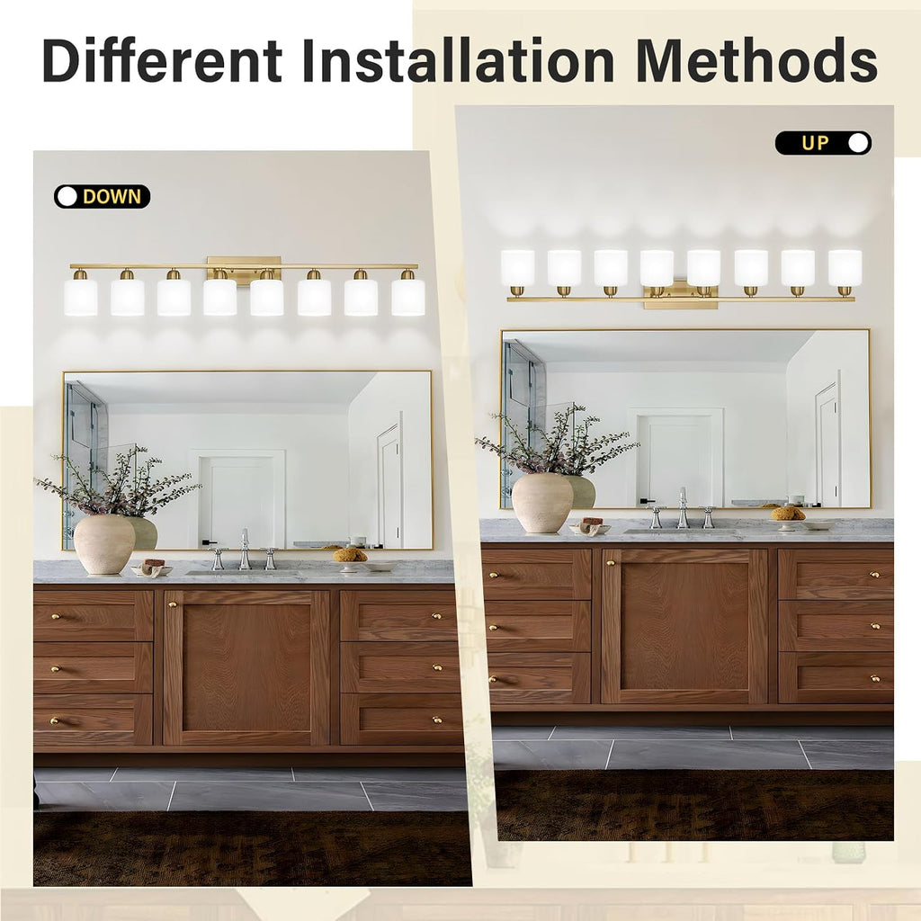 8 Light Bathroom Light Fixtures Gold for Big Mirror, Brushed Gold Vanity Lights for Bathroom with Milky White Frosted Glass Shades, 51 inch Wall Sconce for Mirrors Living Room Bedroom