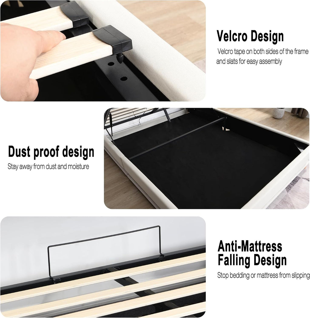 Ailisite Queen Size Lift Up Storage Bed, Upholstered Platform Bed with Button Tufted Wingback Storage Headboard, Bed Frame Queen Size with Led Lights and Charging Station, No Box Spring Needed, Beige