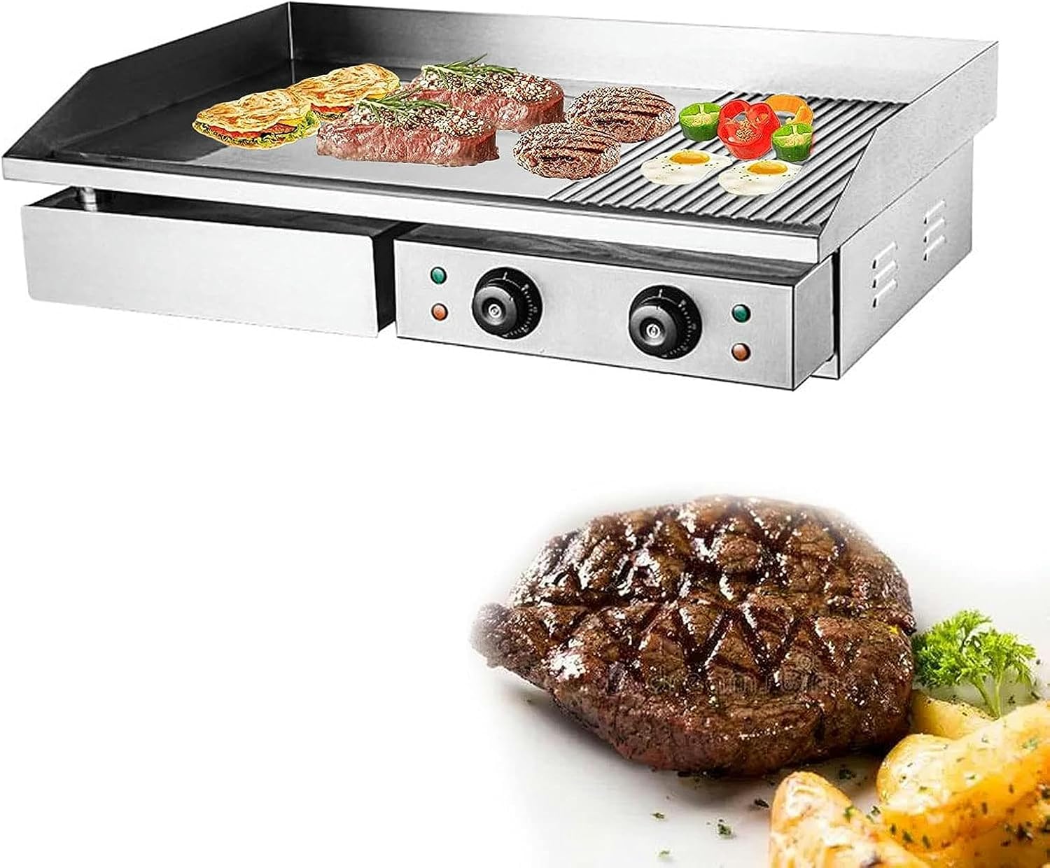 Electric Griddle Flat Hotplate Commercial Countertop BBQ Grill Stainless Steel Nonstick Barbecue, Efficient Nonstick Burger Bacon Kitchen Barbeque Countertop for Barbecue Omelette Fried Food